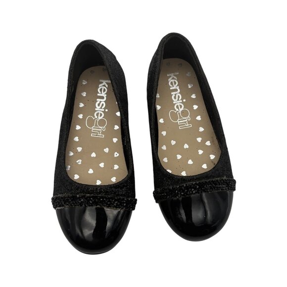 Kensie Girl Black Glitter Ballet Flats Patent Cap Toe & Rhinestone Strap Size 11 - Picture 2 of 12
